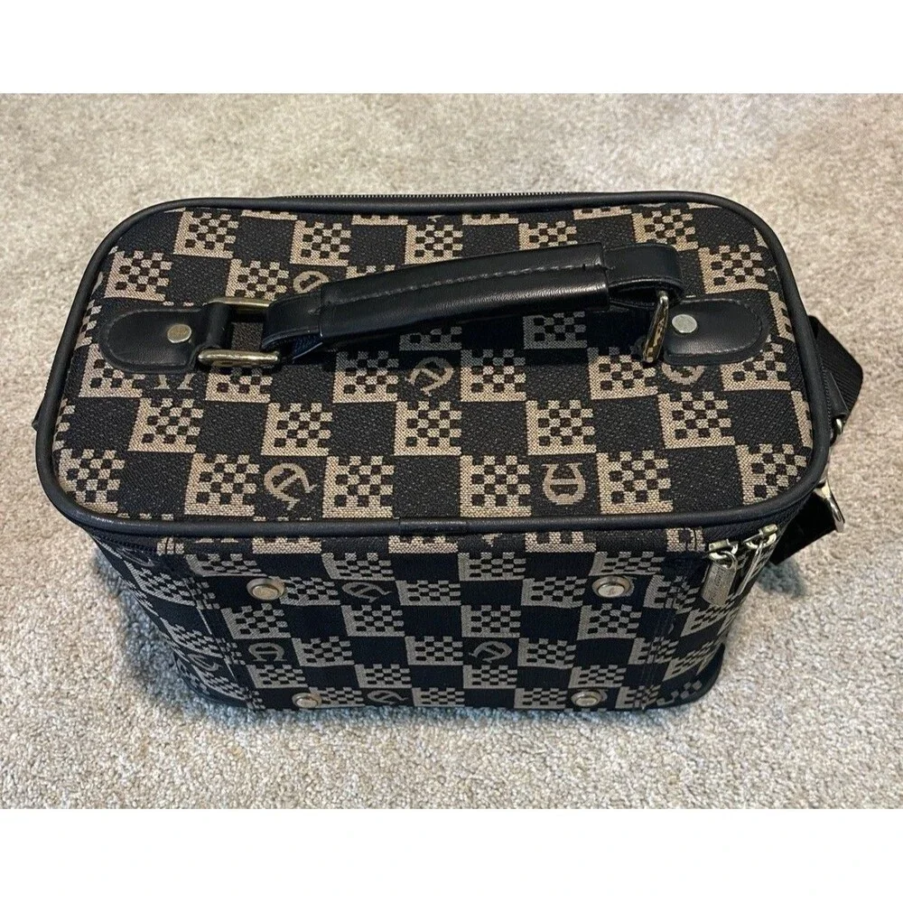 Etienne Aigner Checkered Tapestry Cosmetic Travel Bag Train Carry On Case Vtg